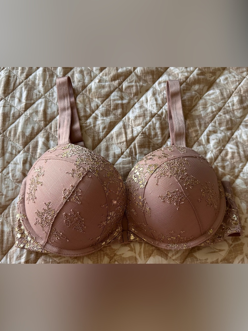 VS Very Sexy Lace Push-Up Bra Front Closure - Dusty Pink & Gold - size 34D NWOT